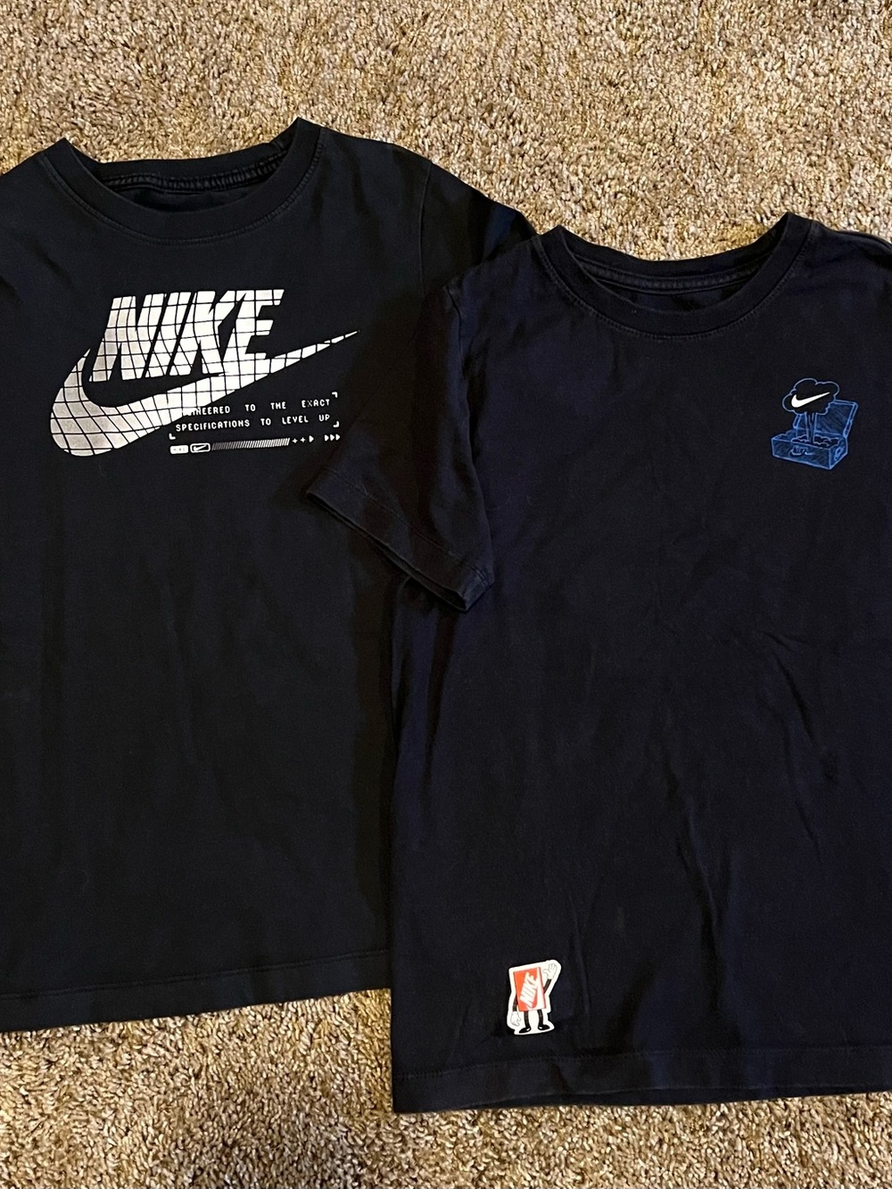 2 Nike Kids Black T-shirts with White and Blue Graphics